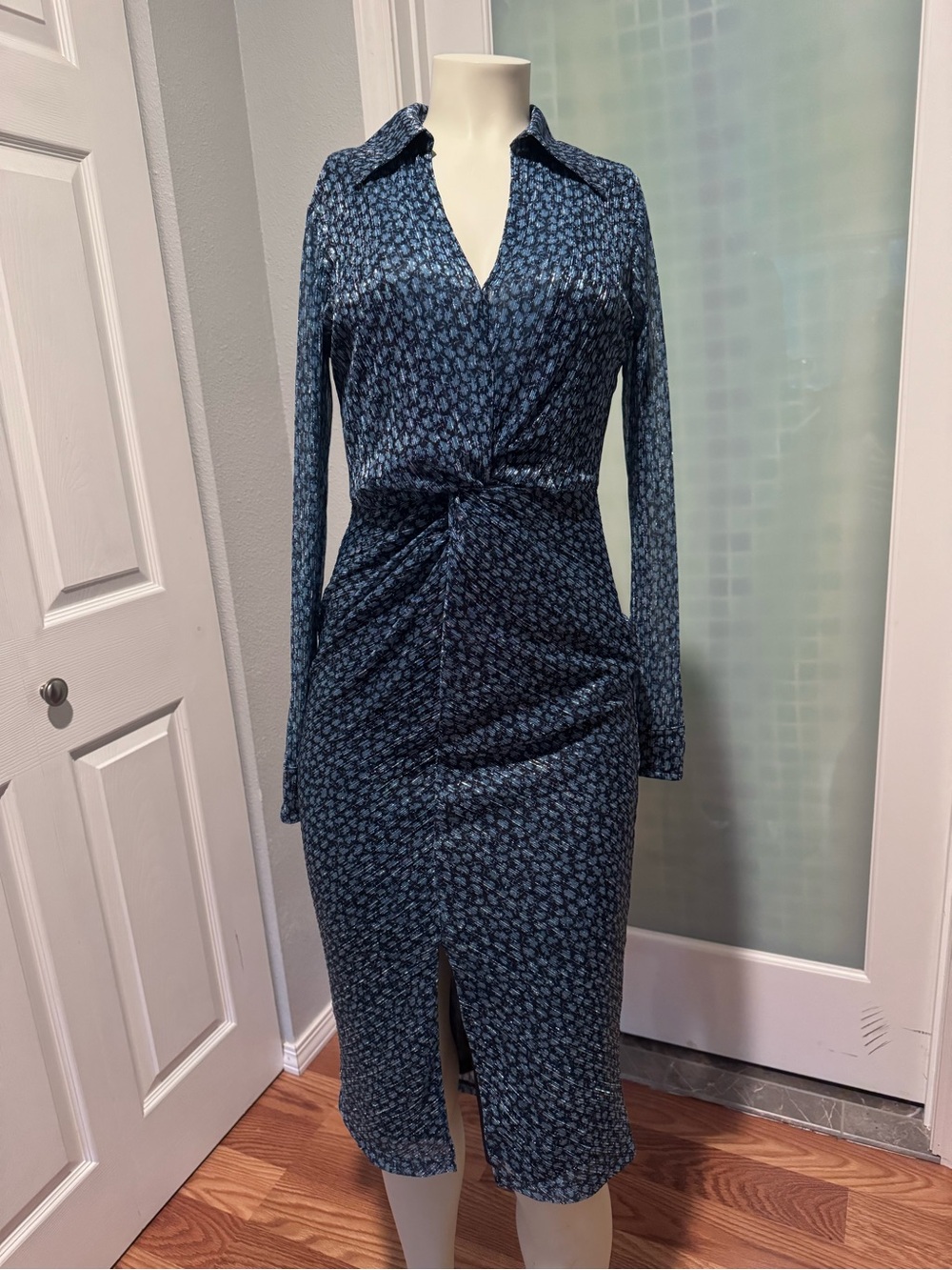 Blue Long-Sleeve Twist-Front Midi Dress